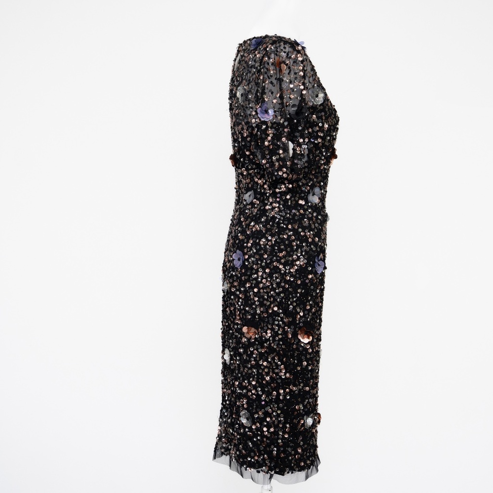 Adrianna Papell | Hand Beaded 3d Floral Illusion Short Sheath Cocktail Dress - Picture 5 of 10